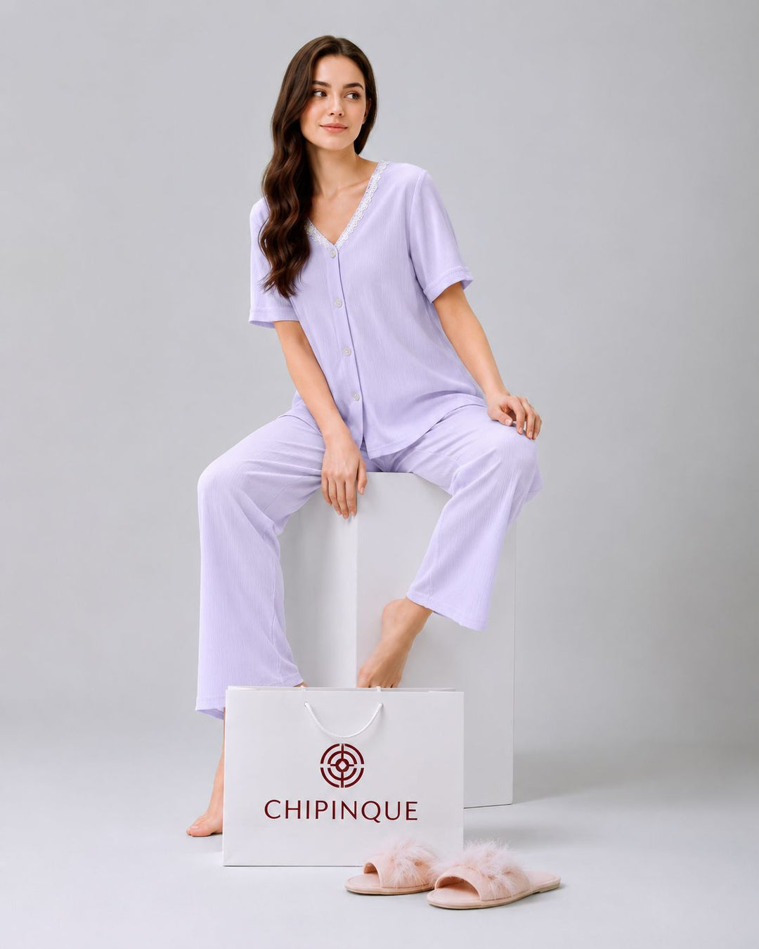 PIJAMA JUBILE LARGA BLUSA C/ENCAJE LISA
